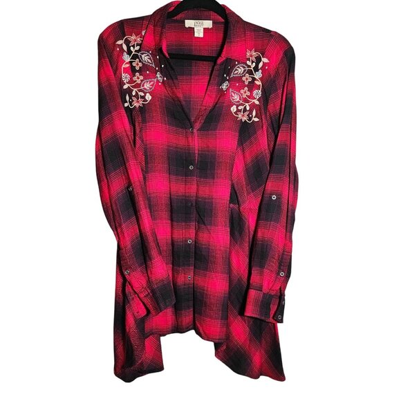 VTG Woman American Blues Red Black Plaid Embroidered Button-Up Long Sleeve Shirt - Picture 1 of 14